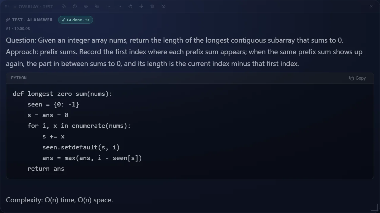 Real CalmRound overlay (demo data): a coding question with approach, code and complexity