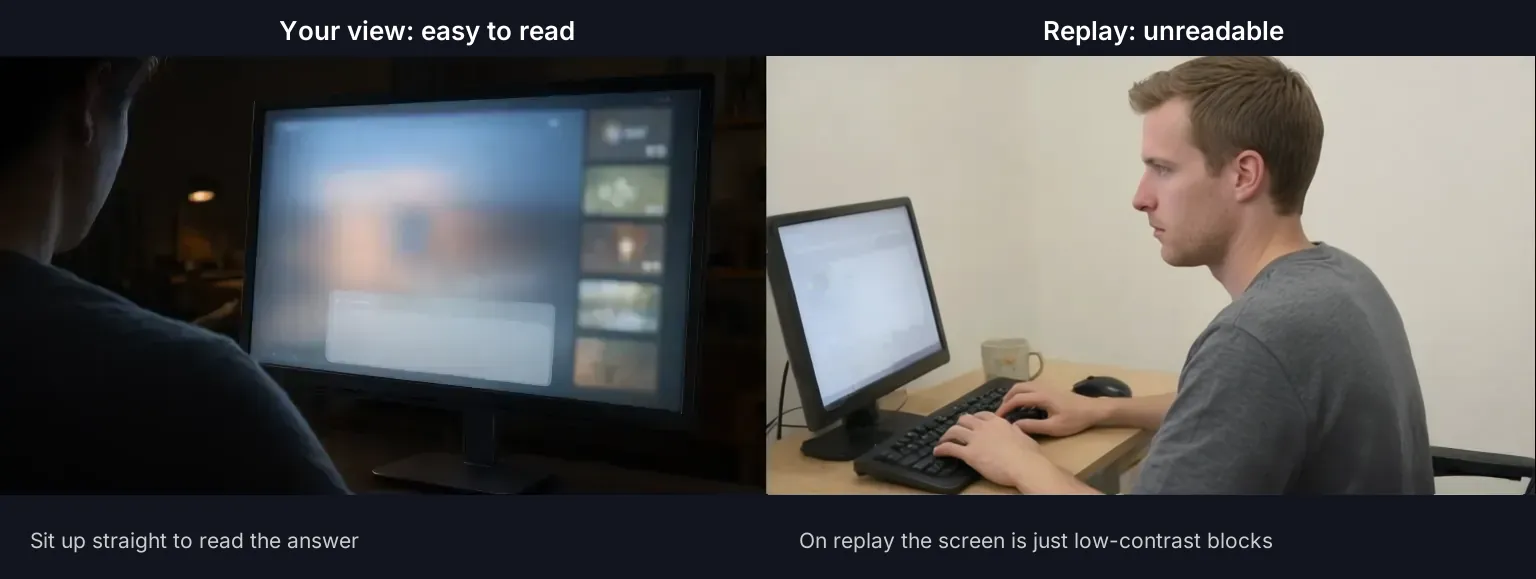Left: what you see, easy to read. Right: the second camera's replay, where the screen is only low-contrast blocks